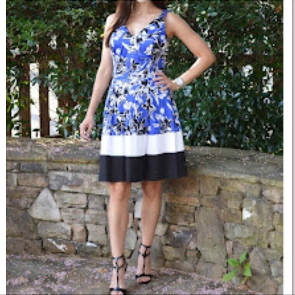 Lauren Ralph Lauren Womens Blue Floral Colorblock V-Neck Sheath Dress Size 16